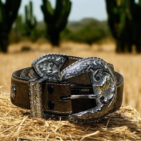 Men’s Larry Mahan Western Core Leather Embellished Belt & Buckle Sz 42 - Picture 1 of 7